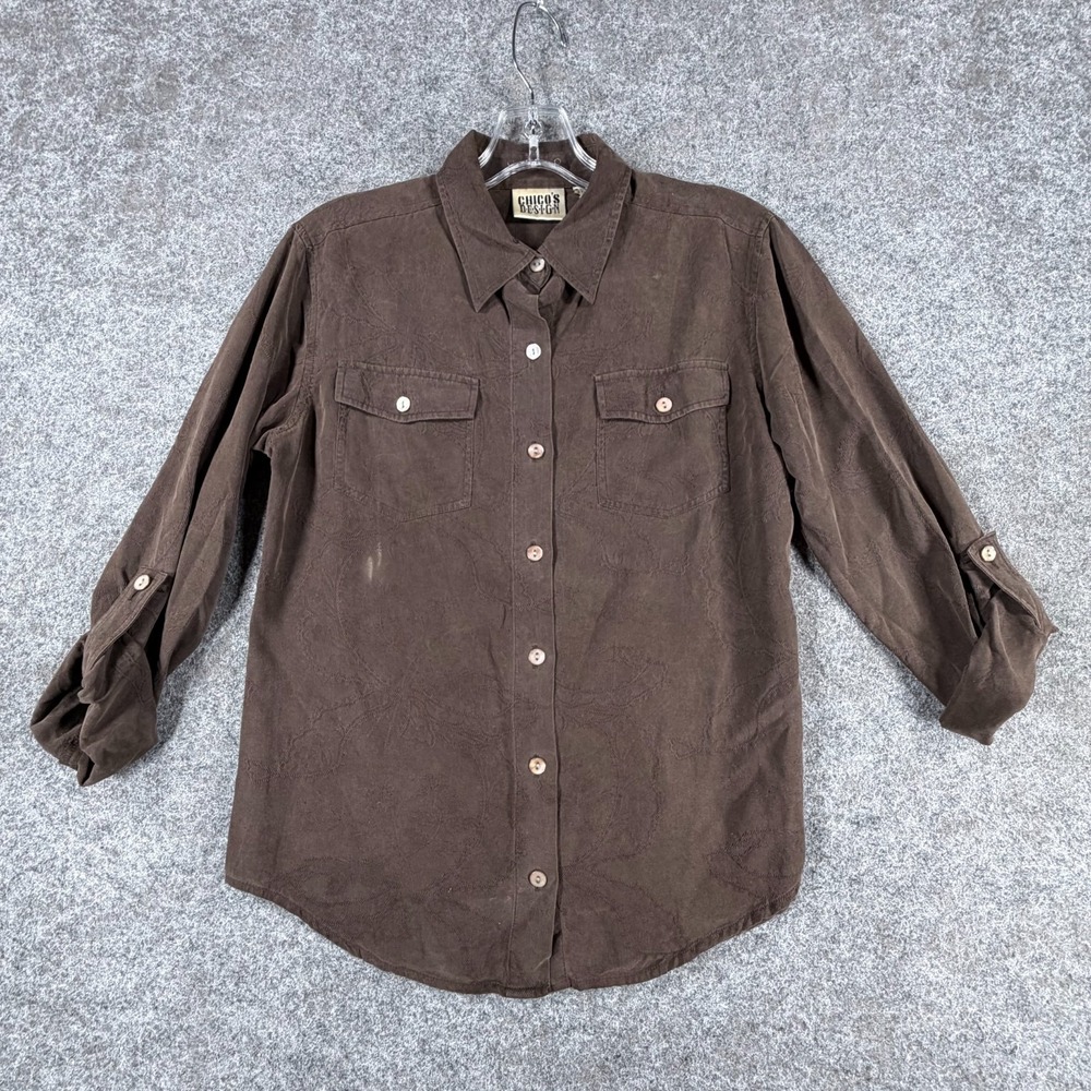 Chicos Shirt Women 0 Brown Silk Embossed Floral Roll Tab Sleeve Pocket Button Up